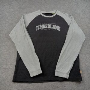 Timberland Shirt Mens XL Gray Black Long Sleeve 1973 Logo Graphic Tee Raglan